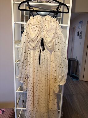 Women’s Cream Polka Dot Long Sleeve Dress with Ruched Front